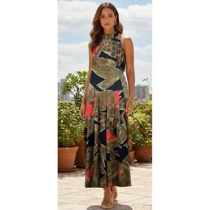 Vintage HAUPT Halter Neck Midi Dress Abstract‎ Pleated Pockets Boho Resort Sz 36